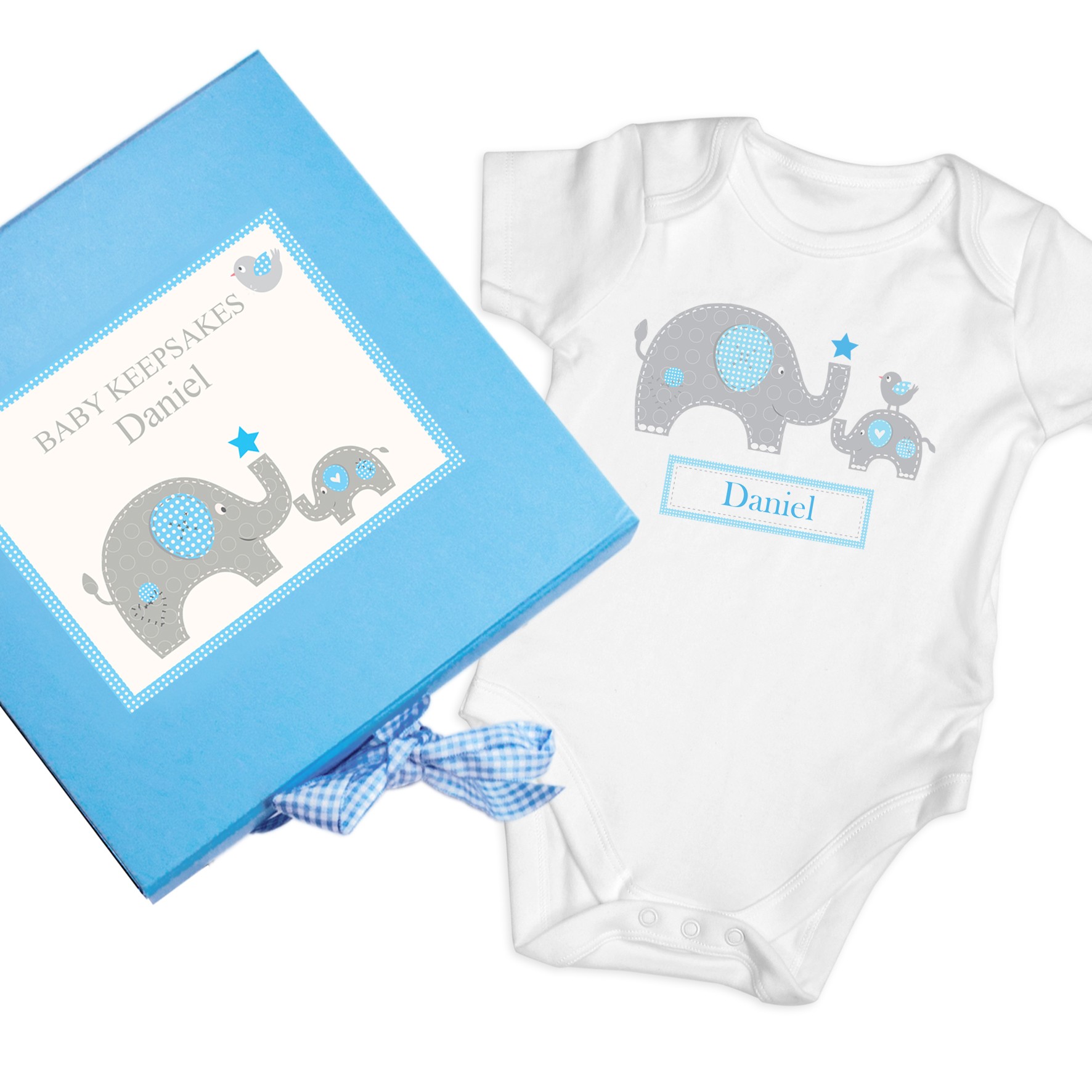 Personalised Blue Elephant Baby Vest Gift Set