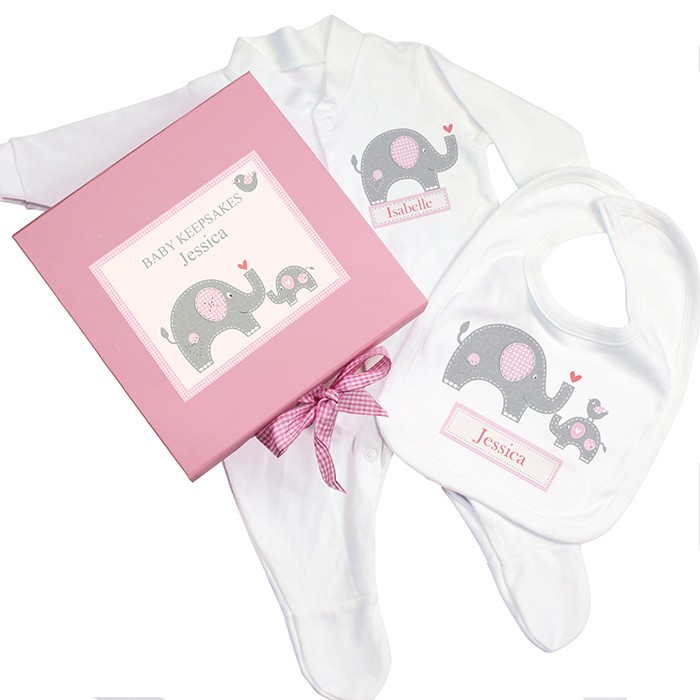 Personalised Pink Elephant Babygrow and Bib Gift Set