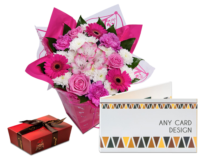 Flowers “Simply Pink Gift Bag” + Chocolates + Any Card