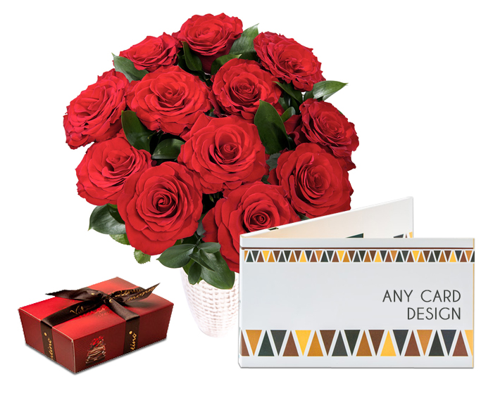Flowers “12 Red Roses” + Chocolates + Any Card