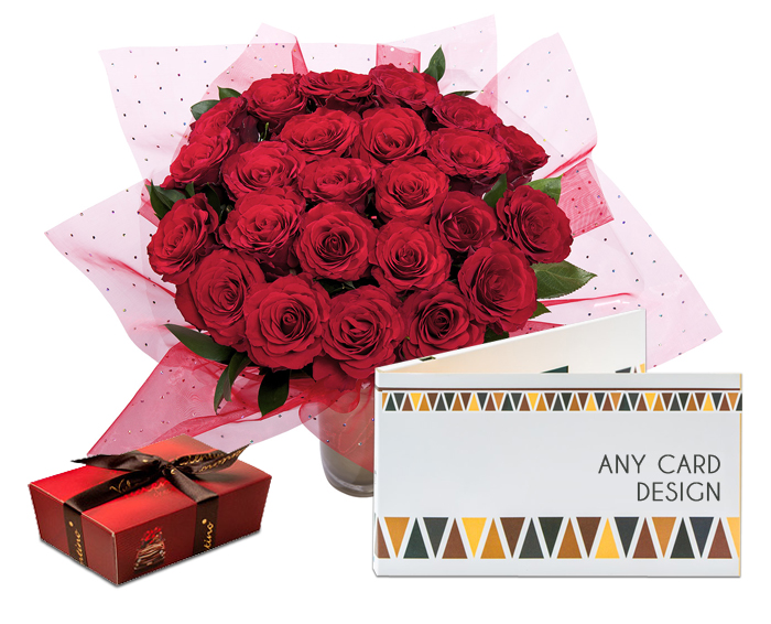 Flowers “24 Red Roses” + Chocolates + Any Card